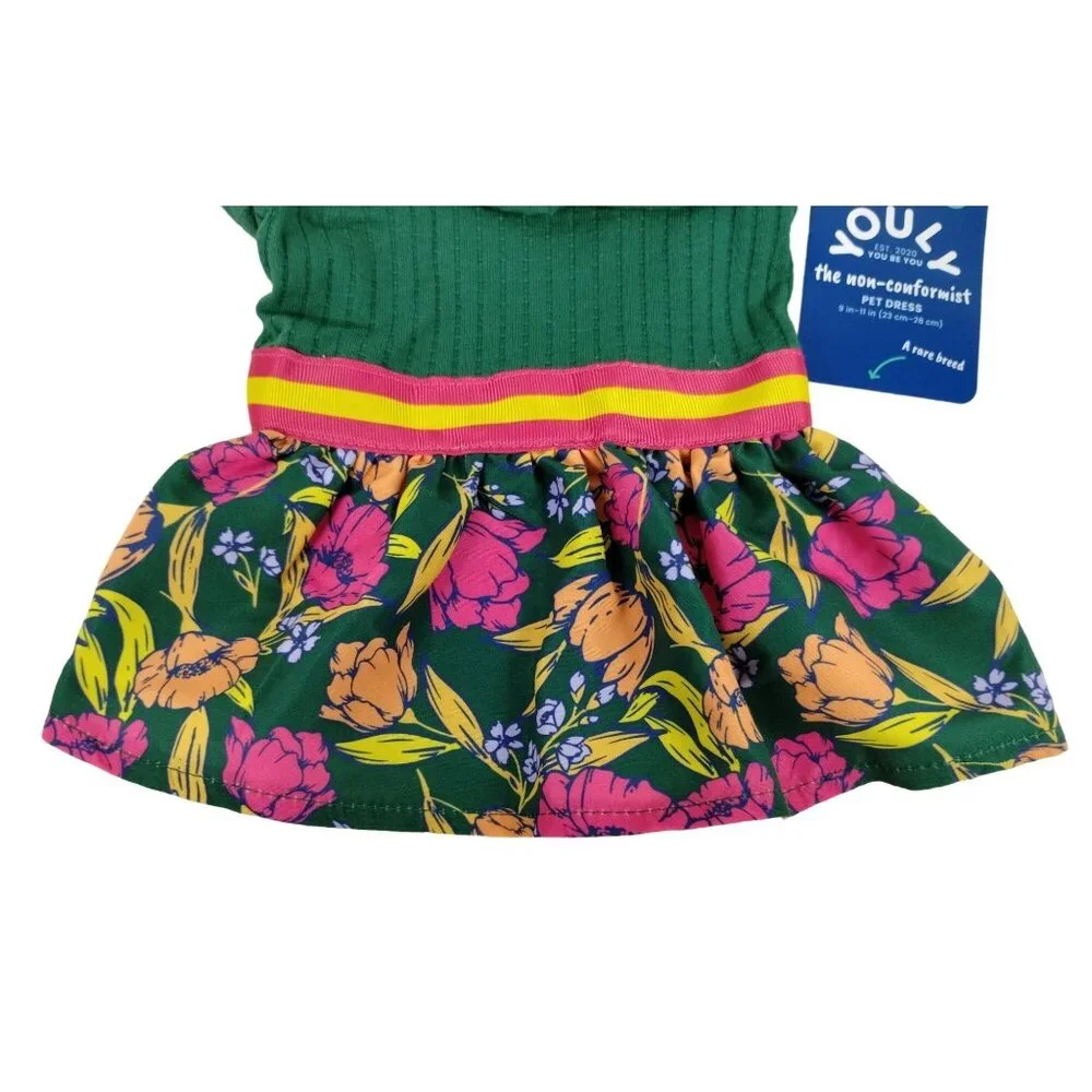 Youly Dog XXS 9 in Green Ruffle Shirt Floral Pet Dress